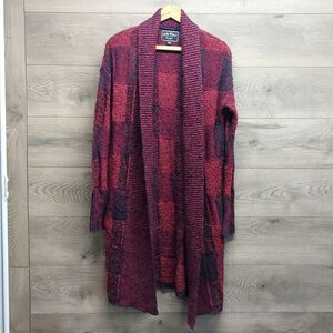 Lucky Brand Long Cardigan Red Black Plaid Chunky Knit Sweater Womens Size XS